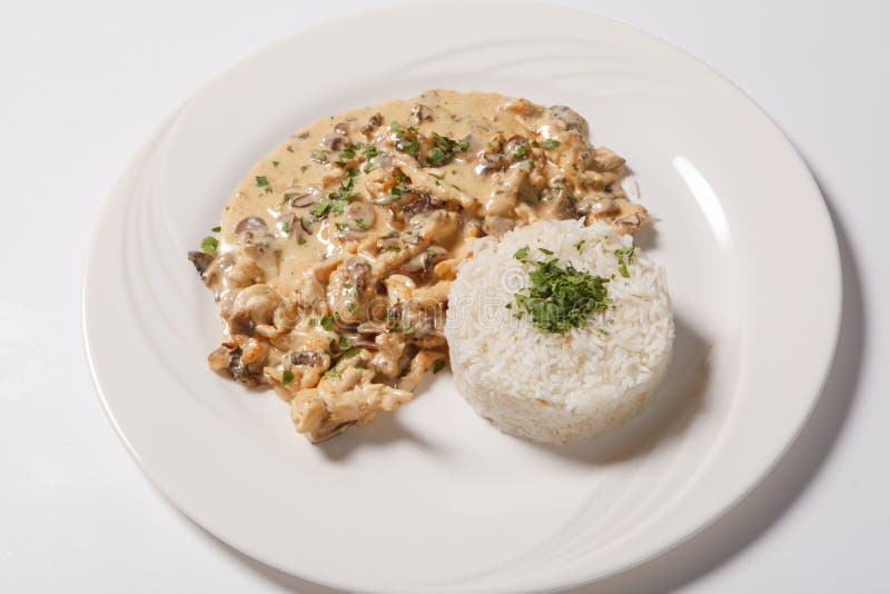Stewed Chicken with White Rice and Mashroom Sauce Stock Image Image