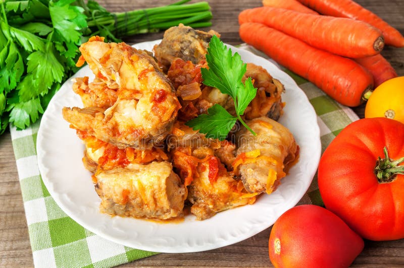 Delicious Stewed Fish with Tomato, Carrots and Parsley Stock Image Image of seafood, stewed