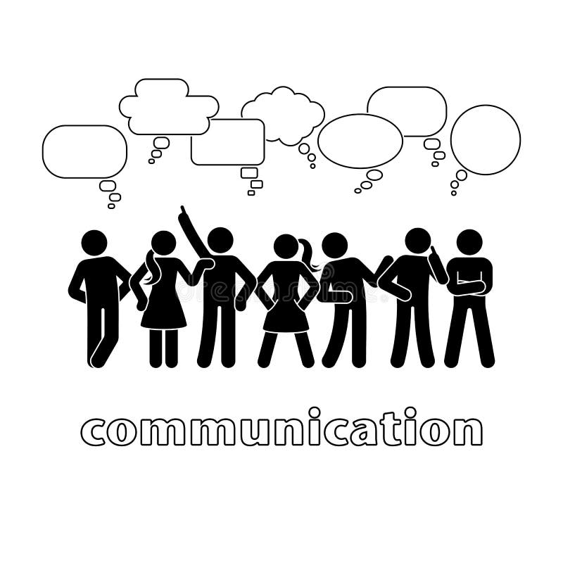 Stick figure dialog communication speech bubbles set. Talking, thinking, body language group of people conversation pictogram.