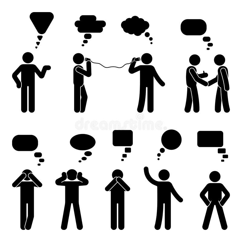 Stick figure dialog speech bubbles set. Talking, thinking, communicating body language man conversation icon pictogram. vector illustration