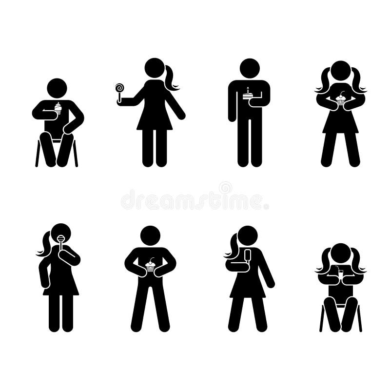 Stick figure different eating position set. Vector illustration of snack person icon symbol sign pictogram on white. stock illustration Stick figure different eating position set. Vector illustration of snack person icon symbol sign pictogram on white. stock illustration