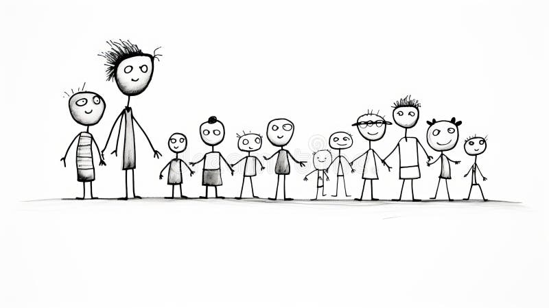 Kids, children, stick figures, happy, drawing, line art, png