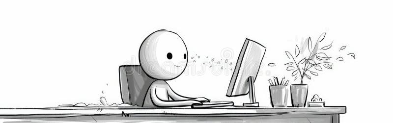 Stick Figure Working On Computer vector illustration