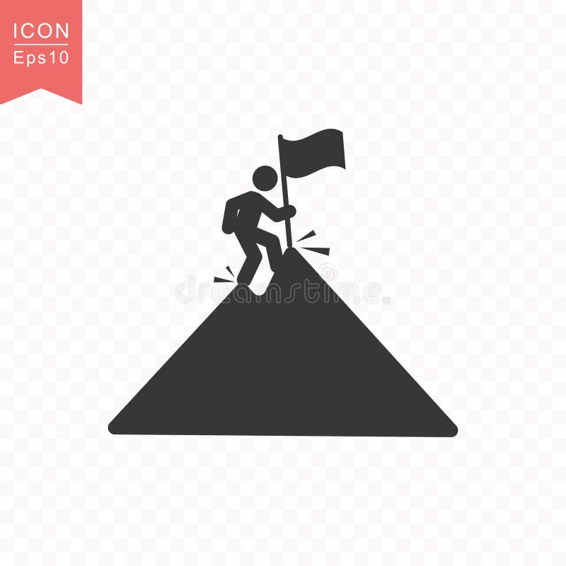 Stick figure a man climbs a mountain peak with a flag silhouette icon simple flat style vector illustration on transparent stock illustration