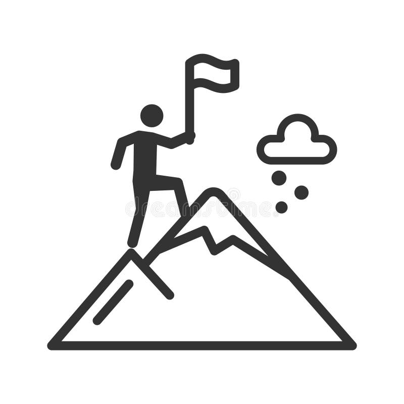 Stick figure a man climbs a mountain peak with a flag silhouette icon royalty free illustration