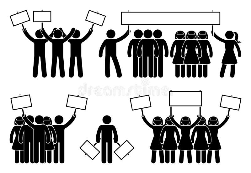 Stick figure protest group of people set. Person with banner at the demonstration strike meeting. royalty free illustration Stick figure protest group of people set. Person with banner at the demonstration strike meeting. royalty free illustration