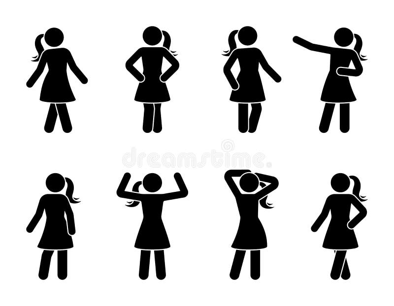 Stick figure women posing icon set. Standing young lady front view posture pictogram. stock illustration