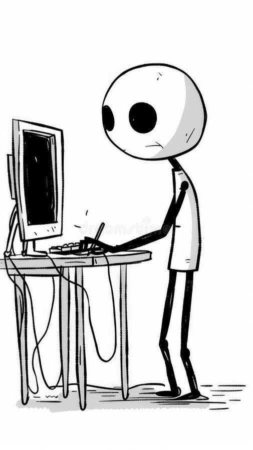 Stick Figure Working On Computer stock illustration