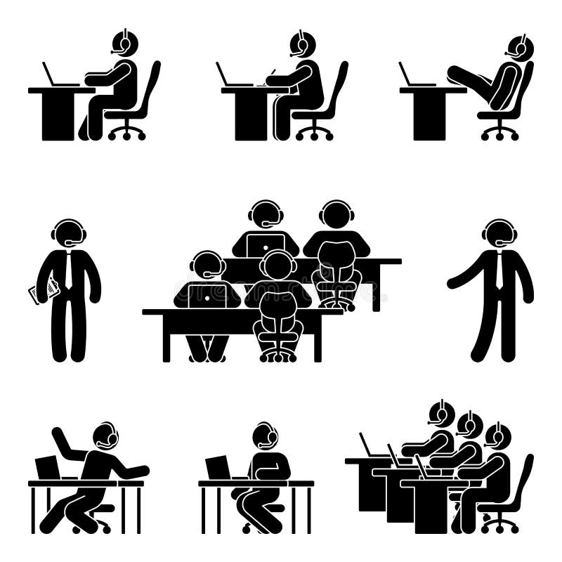 Stick figure working man using computer in call center vector illustration