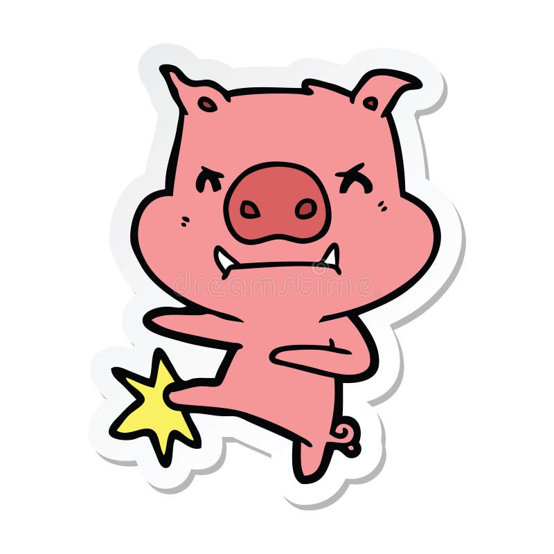 sticker of a angry cartoon pig karate kicking