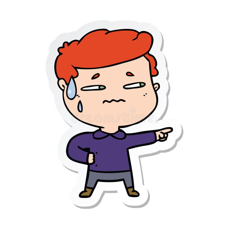 sticker of a cartoon anxious man pointing