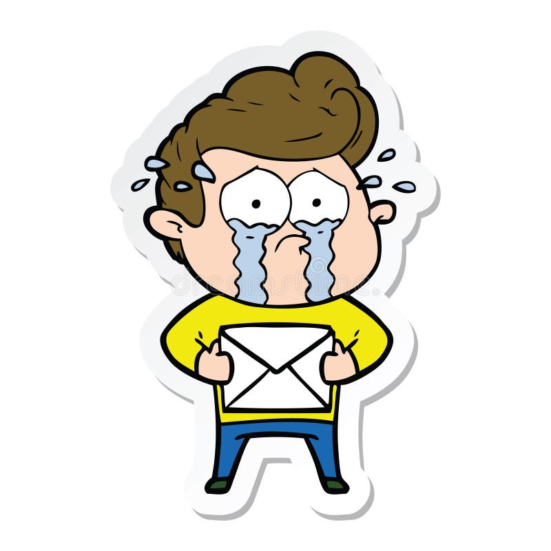 sticker of a cartoon crying man receiving letter
