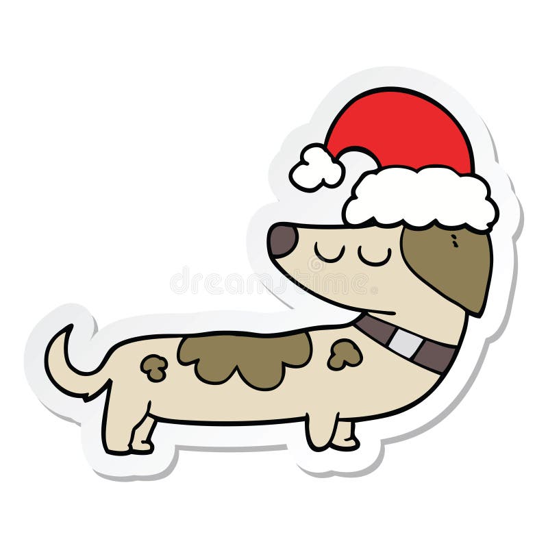 Sticker of a Cartoon Dog Wearing Christmas Hat Stock Vector