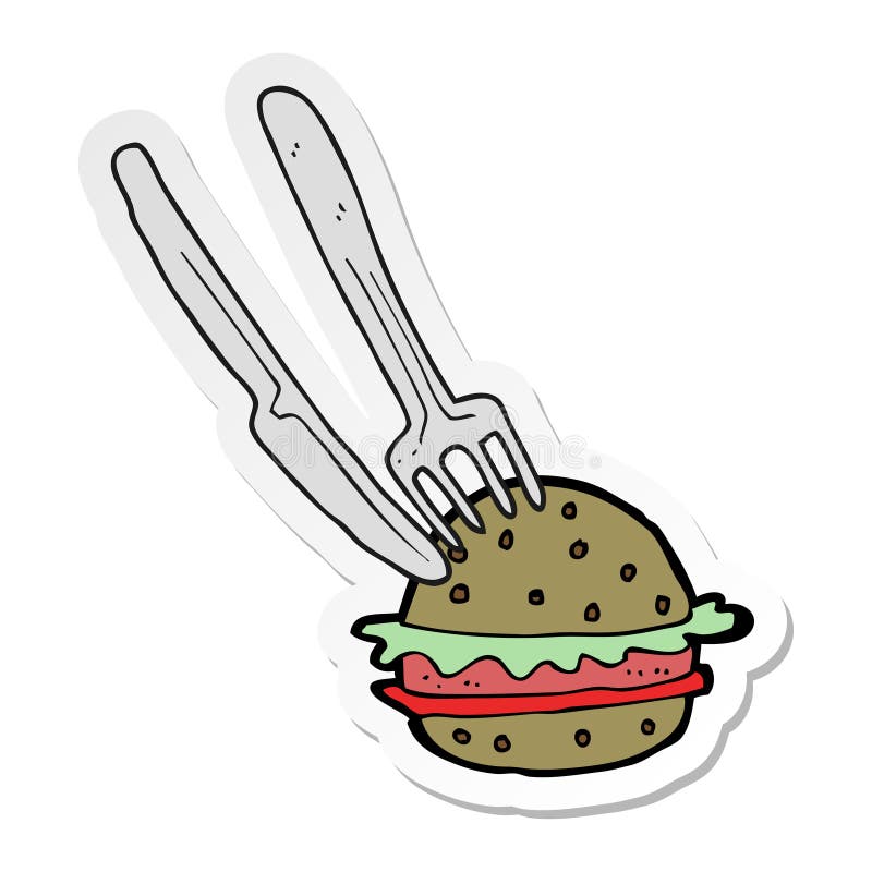 sticker of a cartoon knife and fork in burger