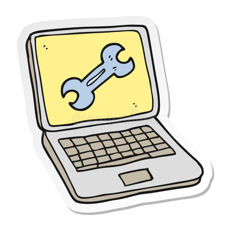 Sticker of a Cartoon Laptop Computer with Fix Screen Stock Vector
