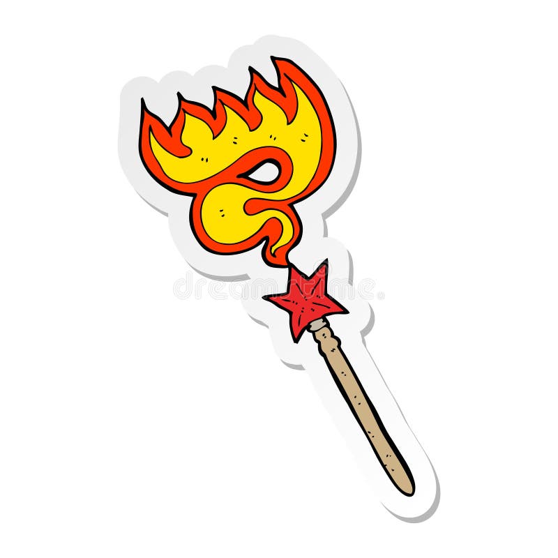 sticker of a cartoon magic wand casting fire spell