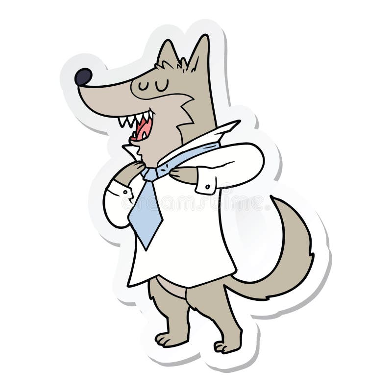 sticker of a cartoon office wolf getting dressed