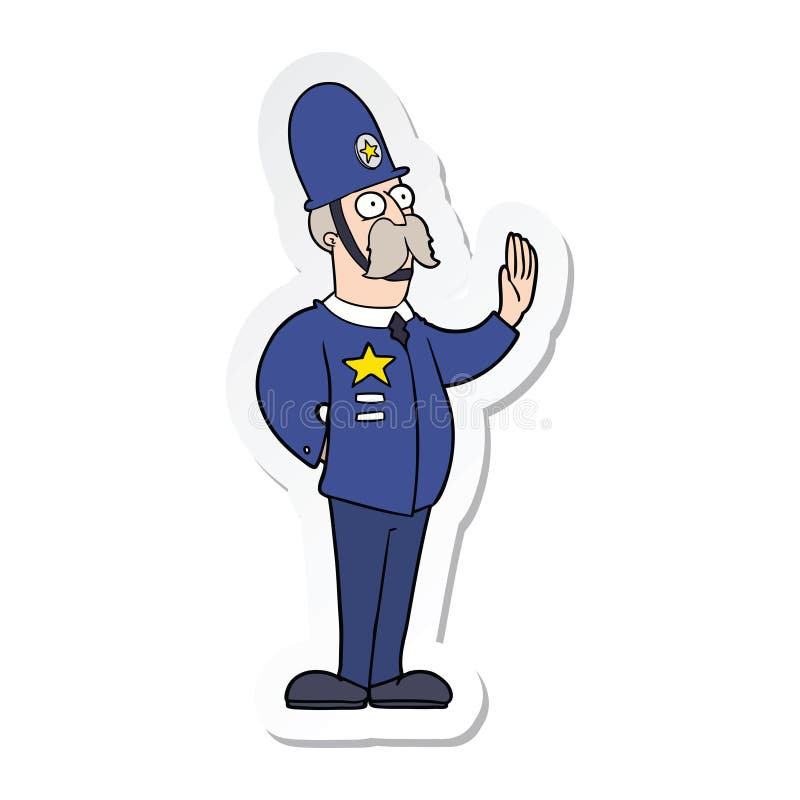 sticker of a cartoon policeman making stop gesture