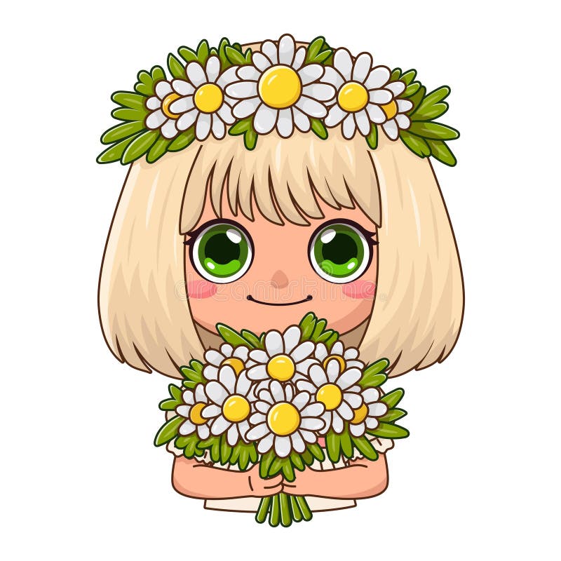 Sticker with a cute blonde girl with a wreath of daisies on her head and holding a bouquet of flowers. Hello summer. Smiling adorable character in cartoon style. Vector illustration isolated on white