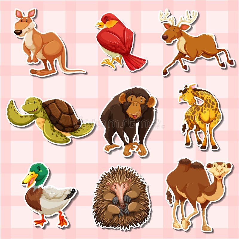 Sticker design with different types of animals