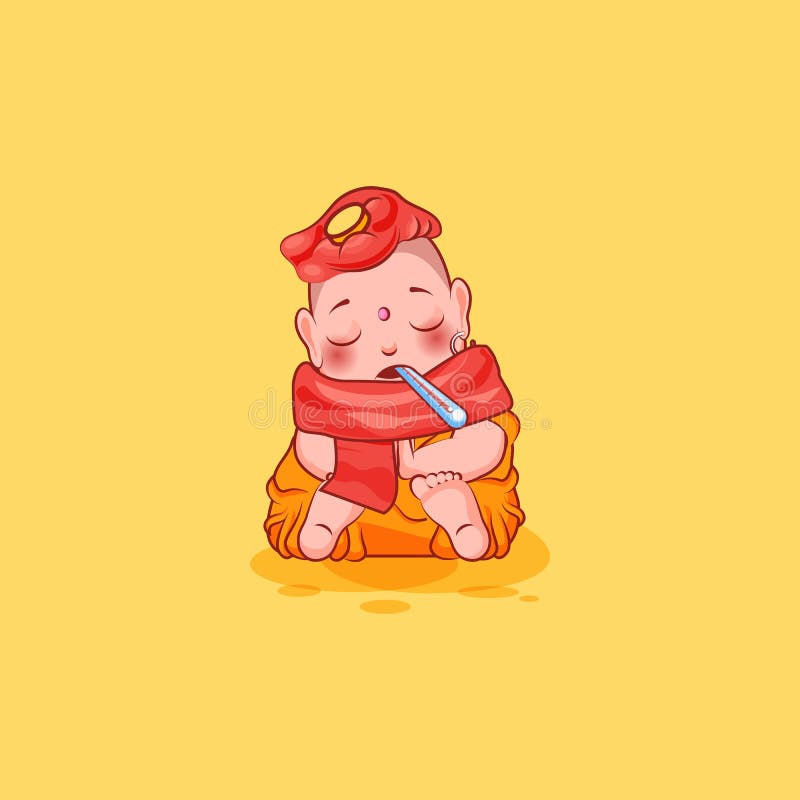 Sticker emoji emoticon emotion vector isolated illustration unhappy character cartoon Buddha sick with thermometer stock illustration Sticker emoji emoticon emotion vector isolated illustration unhappy character cartoon Buddha sick with thermometer stock illustration