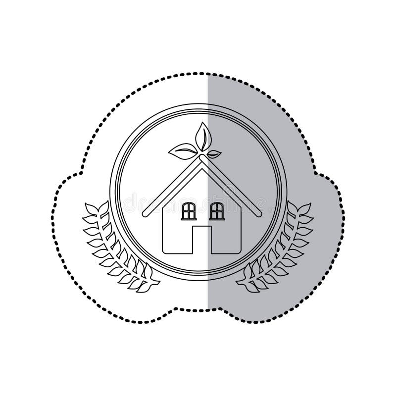 Sticker monochrome half shadow and house in round frame with crown of leaves royalty free illustration