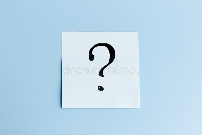 The sticker with question mark on blue background. The concept of finding answers to questions and solving problems stock photos
