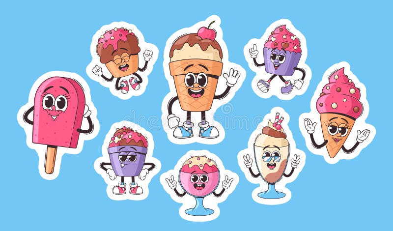Sticker Set Of Cute Retro Cartoon Ice Cream And Cake Stickers Featuring Various Desserts With Happy Expressions vector illustration