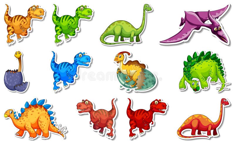Sticker Set with Different Types of Dinosaurs Cartoon Characters Stock