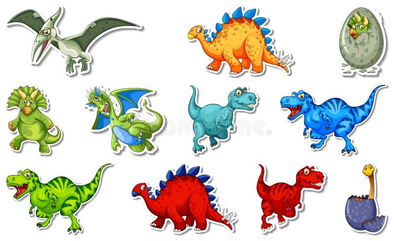 Sticker Set with Different Types of Dinosaurs Cartoon Characters Stock