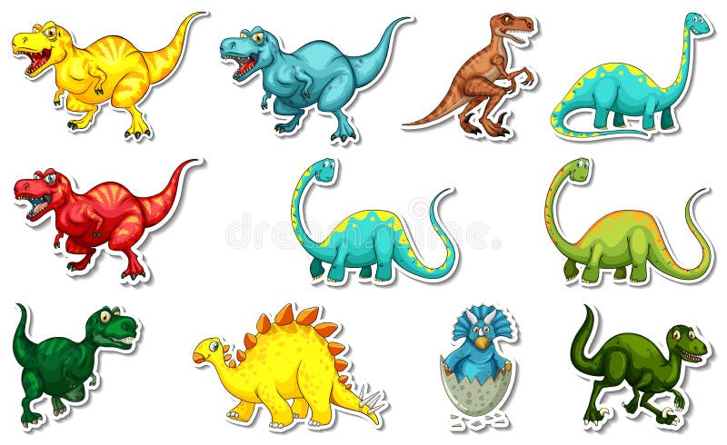 Sticker Set with Different Types of Dinosaurs Cartoon Characters Stock