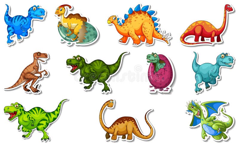 Sticker Set with Different Types of Dinosaurs Cartoon Characters Stock