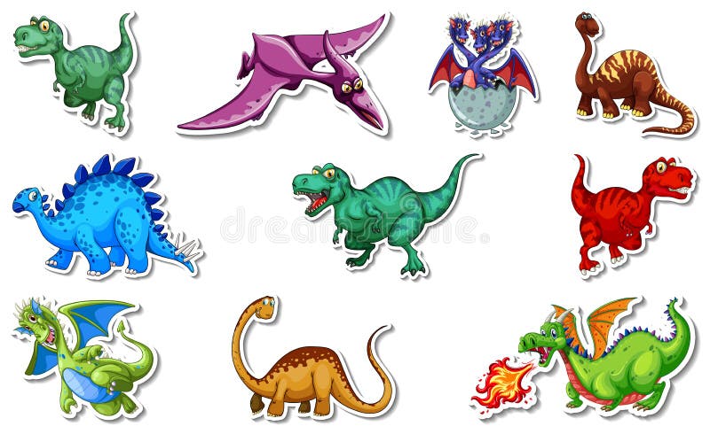 Sticker Set with Different Types of Dinosaurs Cartoon Characters Stock