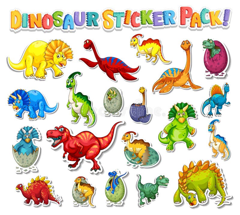 Sticker Set with Different Types of Dinosaurs Cartoon Characters Stock