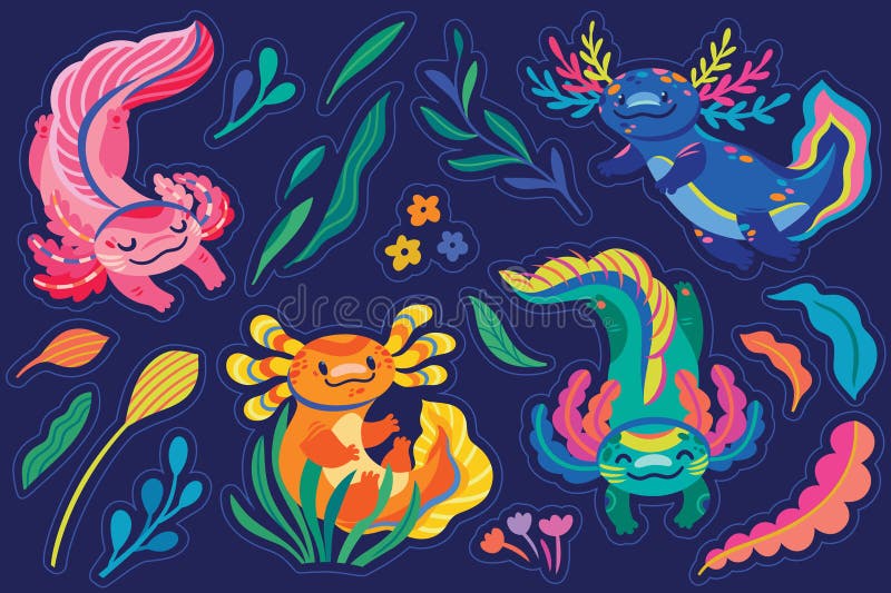 Sticker Set of Four Cute Cartoon Axolotls in Pink, Orange, Green and ...