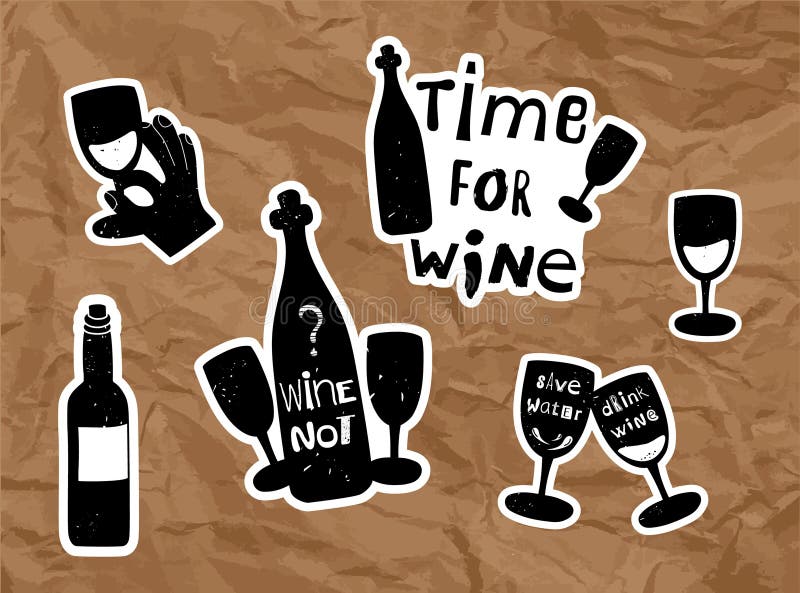 Sticker Set for Wine Lover. Vector Illustration with Short Sayings