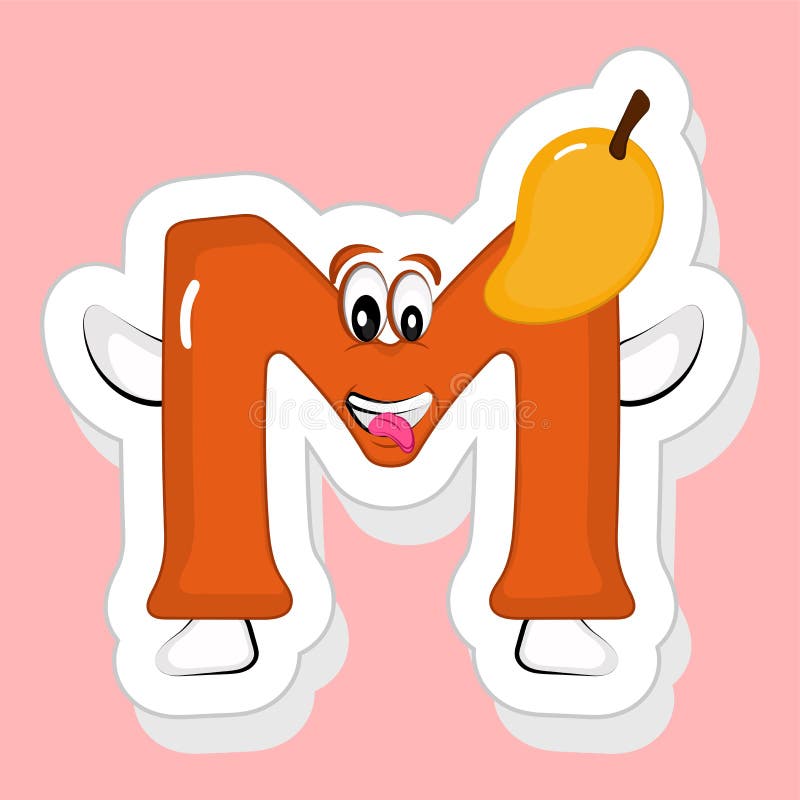 Sticker Style Funny N Alphabet Cartoon Character with Mango on Pink ...