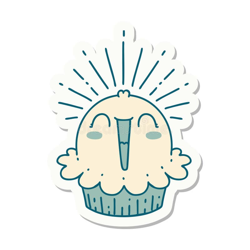 Sticker of Tattoo Style Happy Singing Cupcake Stock Vector