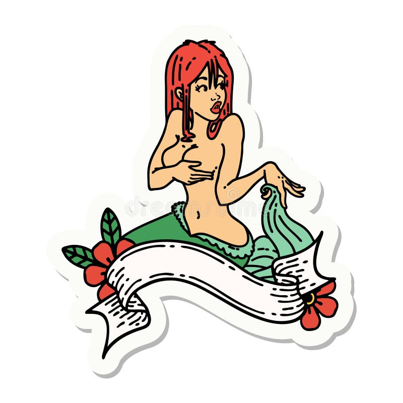 tattoo style sticker of a pinup mermaid with banner