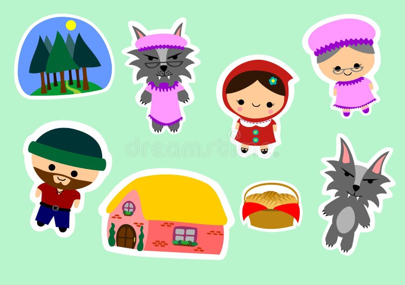 Sticker Template Little Red Riding Hood Characters Grandmother S House Forest And Basket Stock Illustration Illustration Of Nightgown Child