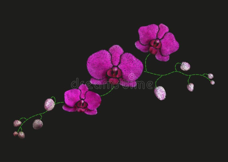 Stickereinachgemachtes Blumenmusterdesign Vector Illustrationssatinstich-Modeverzierung mit rosa Orchideenniederlassung auf Schwa vektor abbildung Stickereinachgemachtes Blumenmusterdesign Vector Illustrationssatinstich-Modeverzierung mit rosa Orchideenniederlassung auf Schwa vektor abbildung