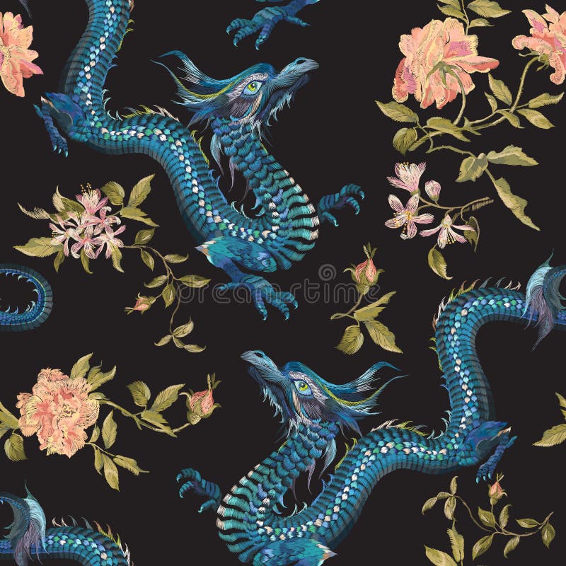Stickereiorientalisches Blumenmuster mit Drachen und Goldrosen stock abbildung Stickereiorientalisches Blumenmuster mit Drachen und Goldrosen stock abbildung