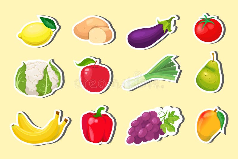 Stickers with Fruits and Vegetables Stock Vector Illustration of