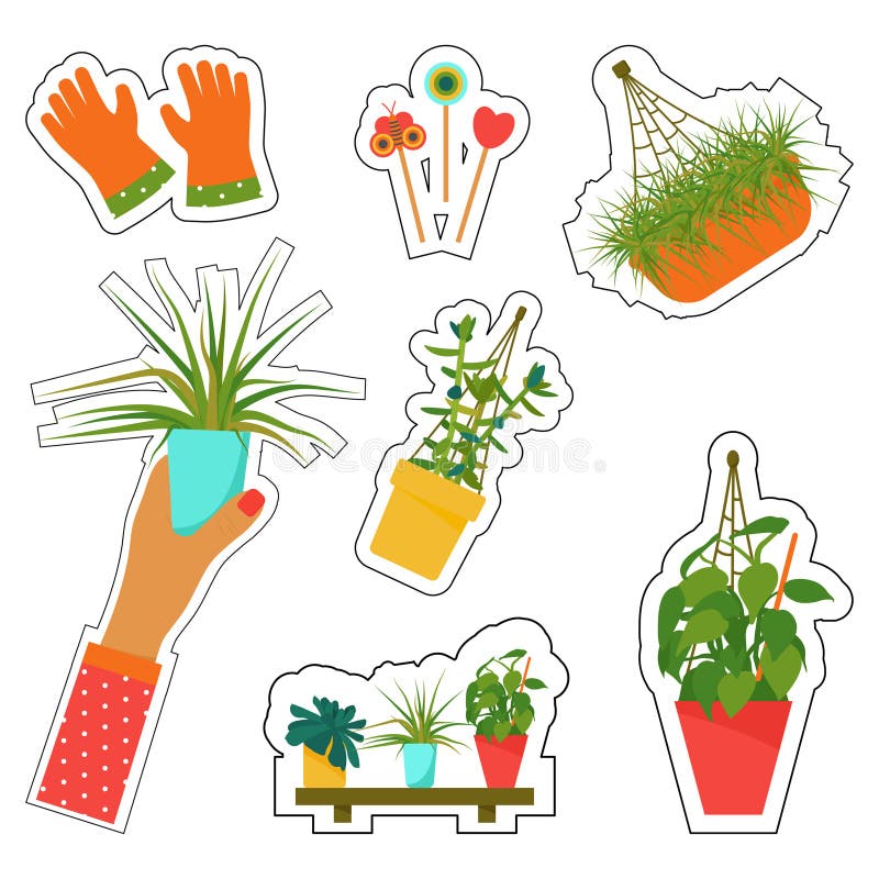 Stickers of House Plants and Care Tools. Interior Scandinavian Design