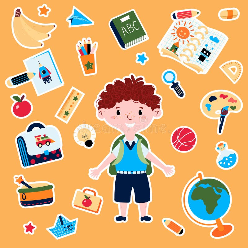 Stickers School with Boy in uniform with backpack. Education decorative objects for elementary school with stationery stock illustration