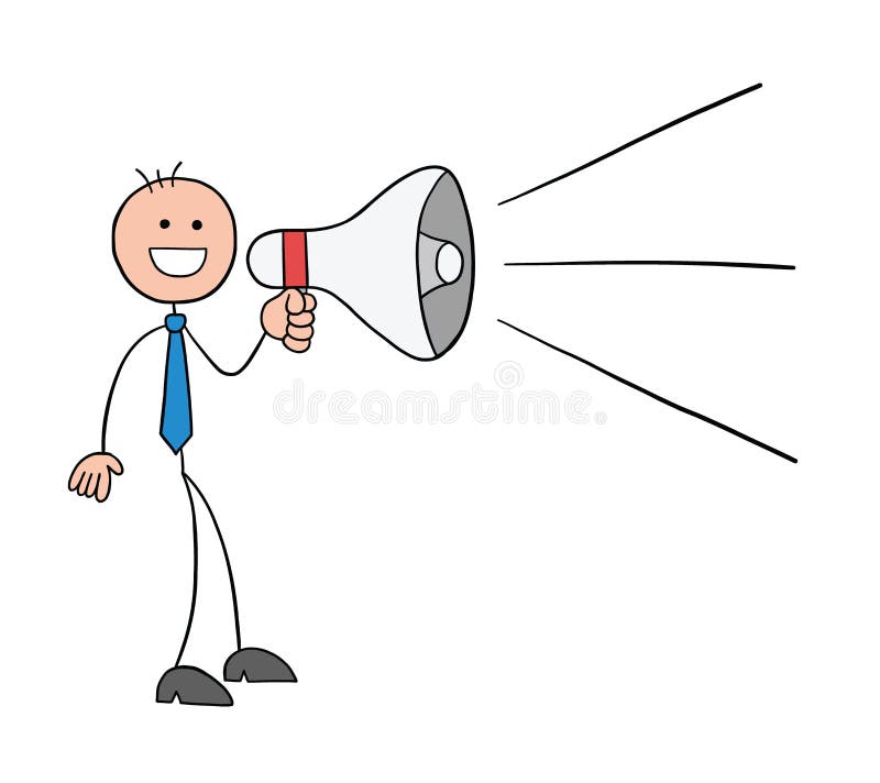 Stickman businessman character announcing using a megaphone, vector cartoon illustration stock illustration