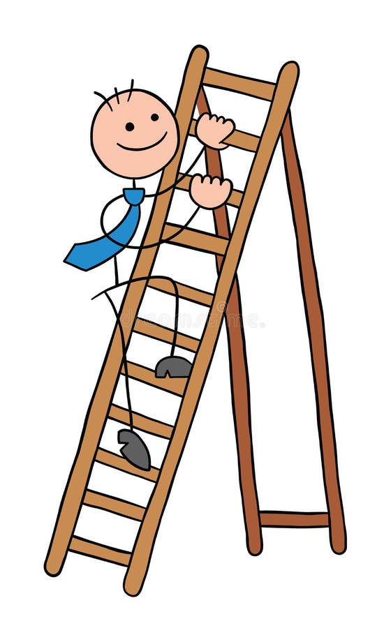 Stickman businessman character climbing the wooden ladder, vector cartoon illustration vector illustration
