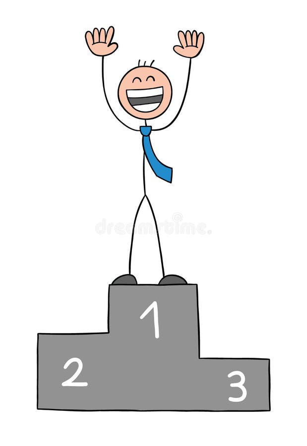 Stickman businessman character in the first place on a podium and very happy, vector cartoon illustration vector illustration