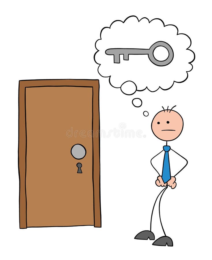 Stickman businessman character in front of the locked door but no key, vector cartoon illustration stock illustration