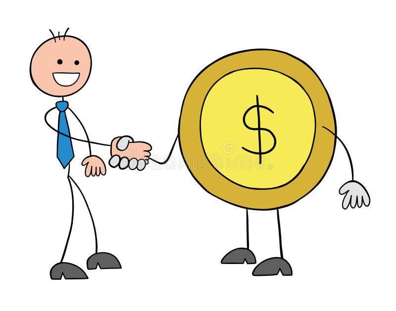 Stickman businessman character shaking hands with dollar coin, vector cartoon illustration stock illustration